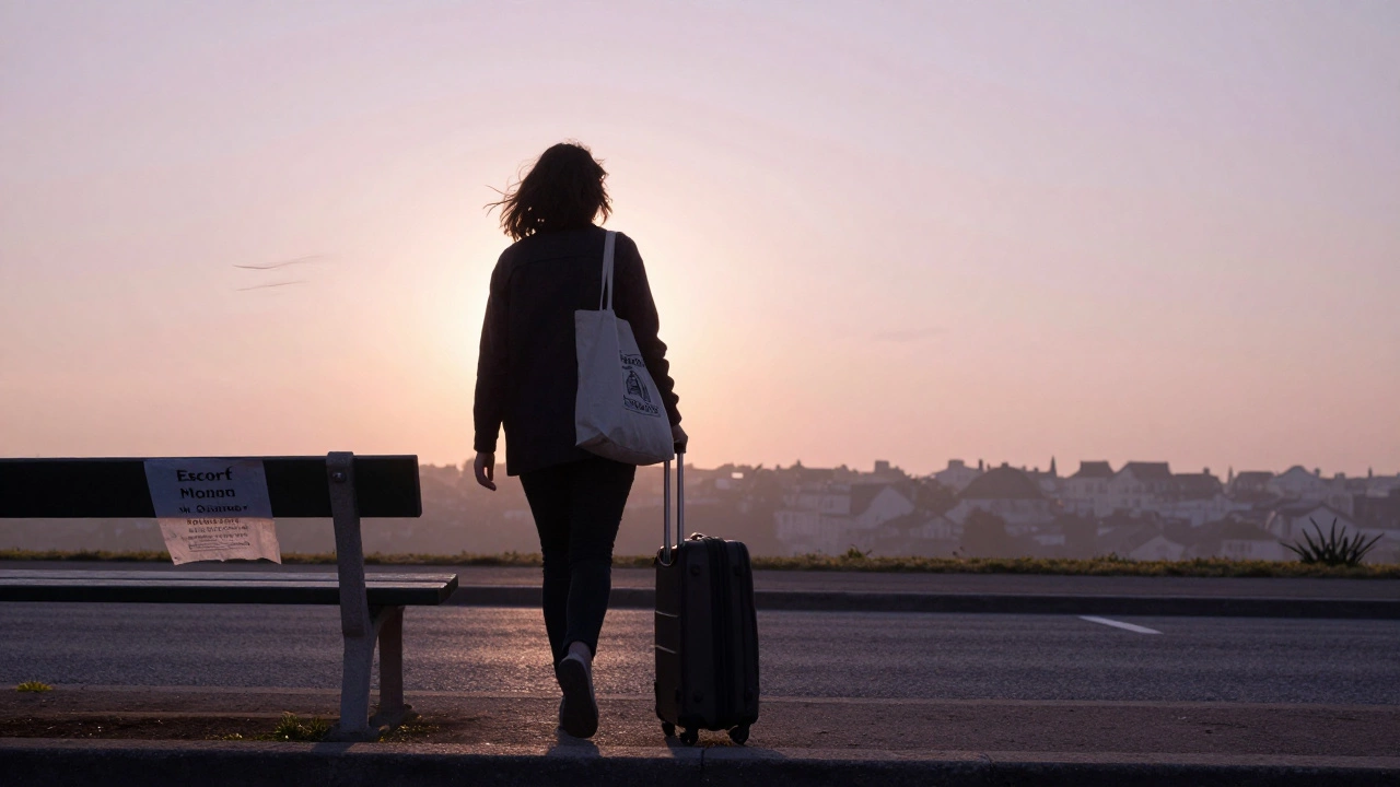 A woman walks away at dawn with a bookstore tote bag, suitcase beside her, an escort flyer forgotten on a bench.