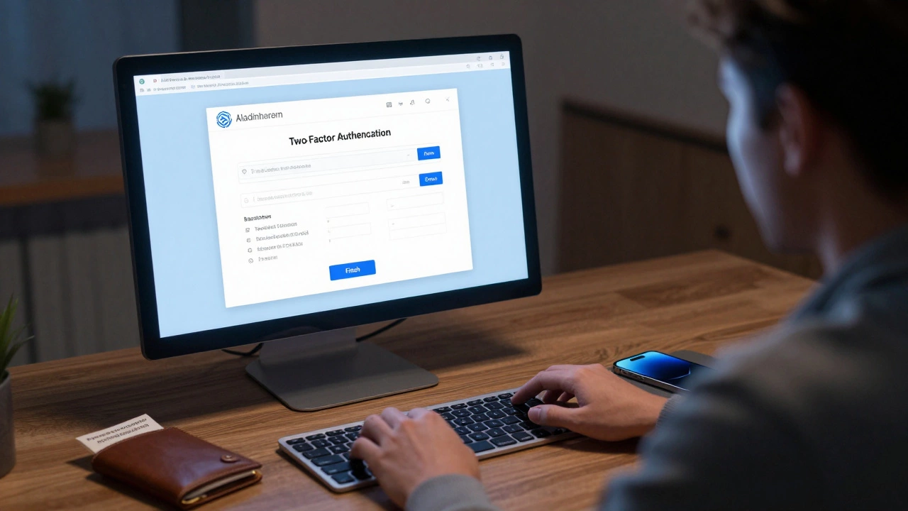 Person enabling two-factor authentication on a computer with backup codes in a wallet.