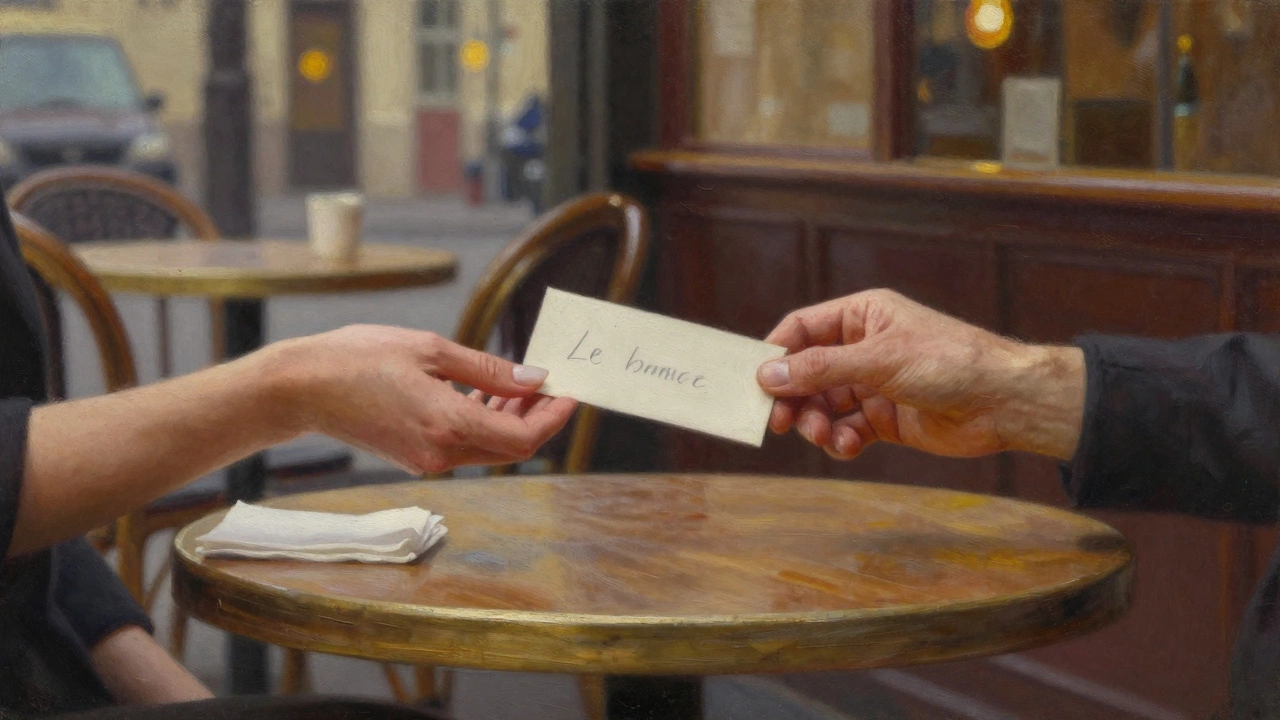 Two hands exchange a folded note across a bistro table, faces unseen, intimate and quiet moment in Paris.